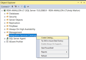 Object Explorer with right-click menu from the Integration Services Catalog node